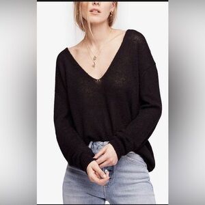 Free People ALPACA WOOL SWEATER Gossamer DEEP V Neck In Black Size Small